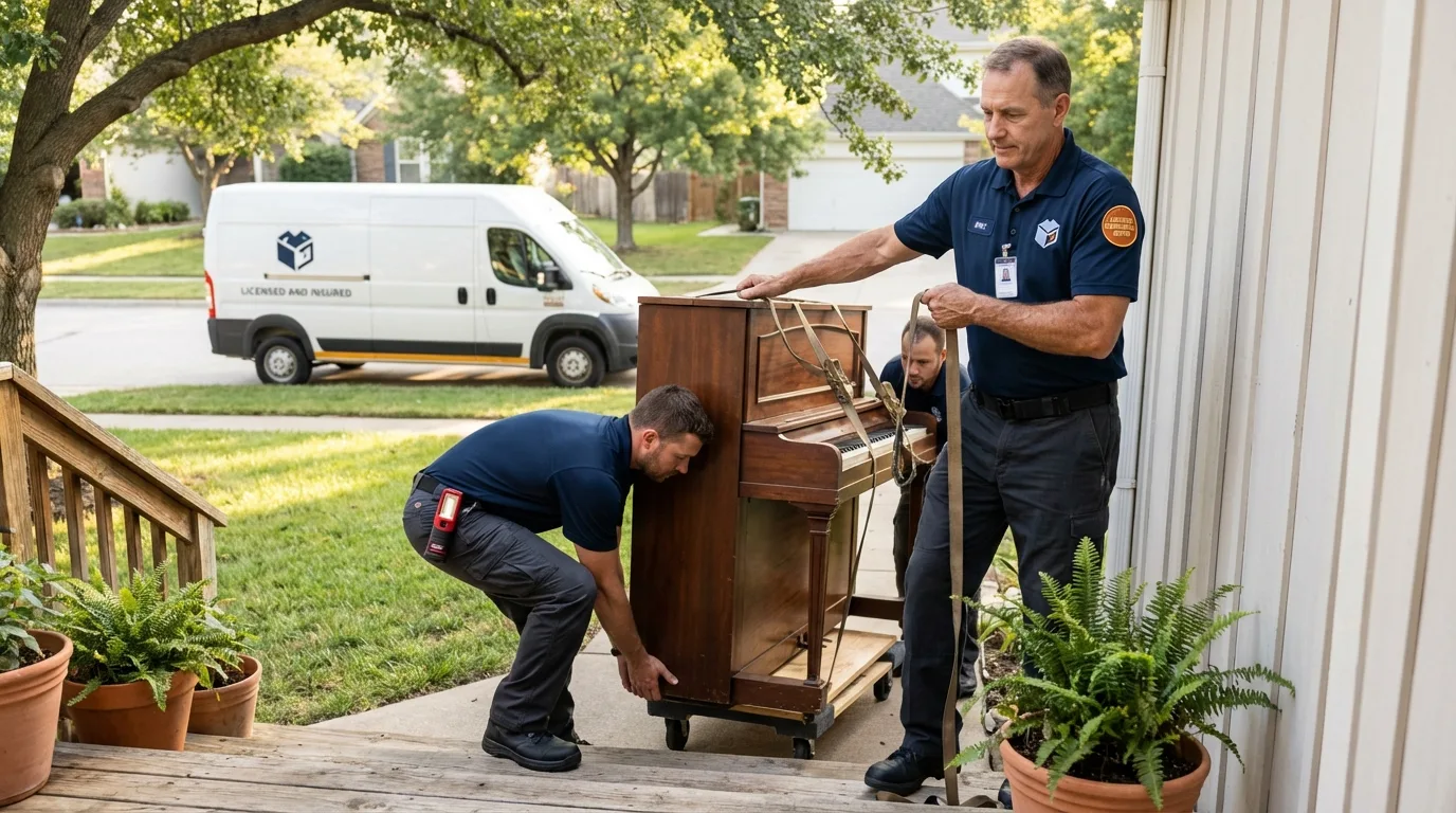 Licensed piano movers securing grand piano in Park Falls, WI