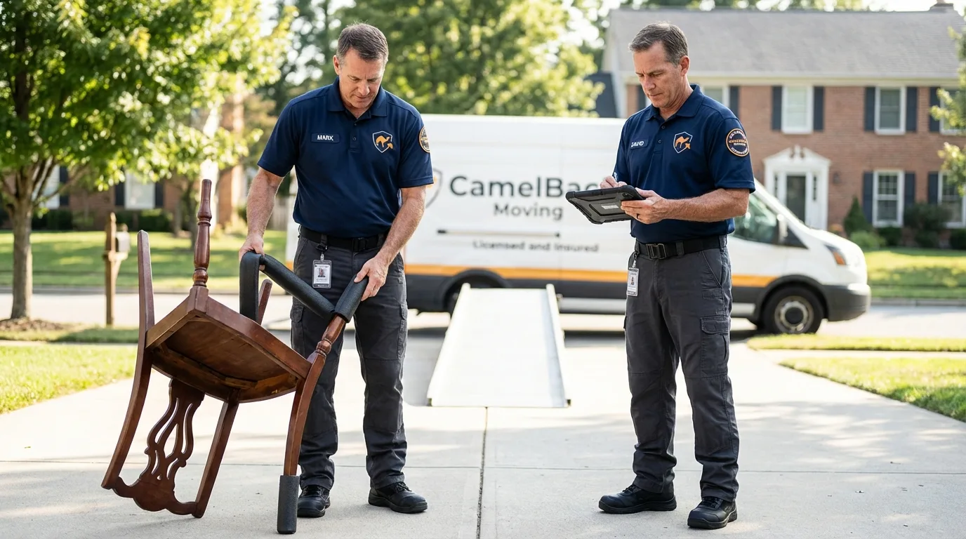 Movers inspecting furniture for damage prevention before loading in Park Falls, WI