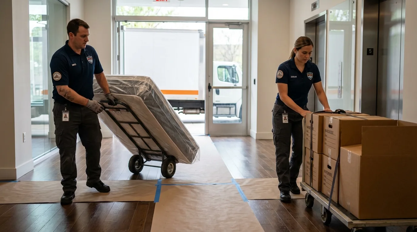 Professional apartment movers loading elevator in Park Falls, WI