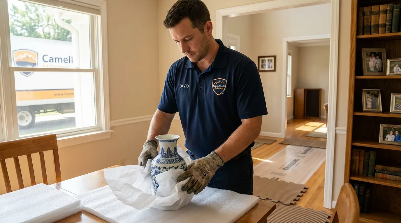 Professional crew carefully wrapping antique vase for senior downsizing move in Park Falls, WI